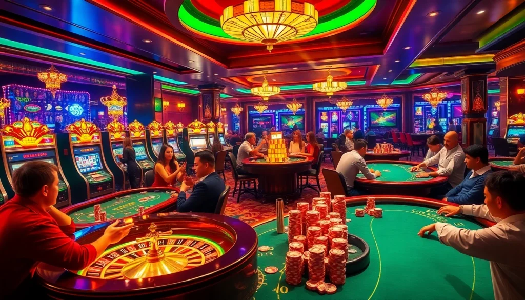 Engage in Link Mahjong with thrilling casino elements like poker chips and slot machines in a vibrant gaming atmosphere.