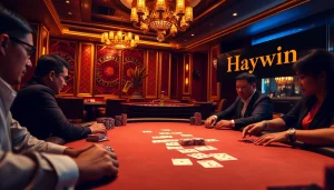 Players in an intense poker match at Nhà cái Haywin's luxurious casino setting, with vibrant chips and cards.