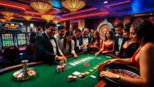 Players engaging in high-stakes gambling at a vibrant sc88 casino, showcasing poker, roulette, and slot machines.