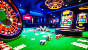 Experience the thrill of RR88 gaming with vibrant poker chips and a spinning roulette wheel.