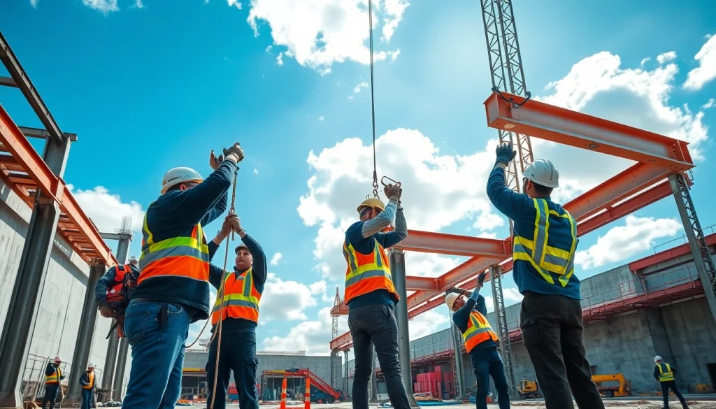 Structural steel installation workers collaborating on-site with heavy steel beams.