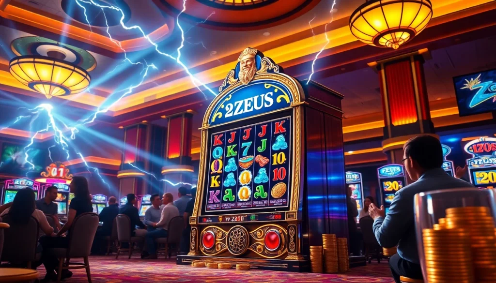 Pemain yang antusias memutar mesin slot Zeus di lingkungan kasino mewah.