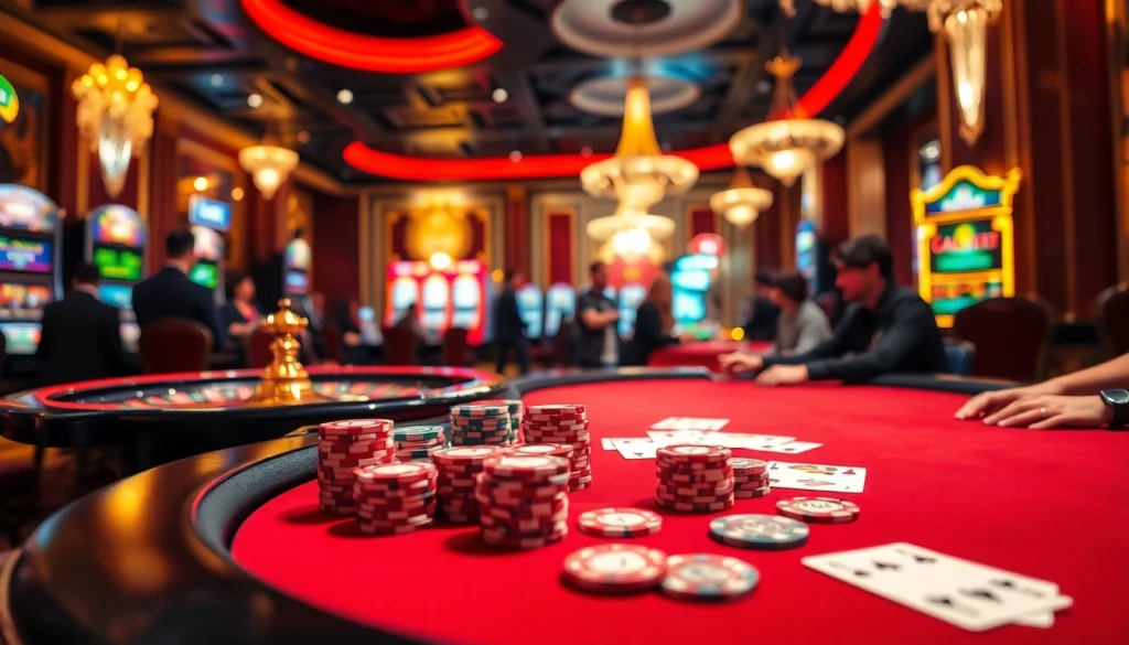 Gambling excitement at a luxurious casino featuring NK88-themed poker gameplay and vibrant chip stacks.