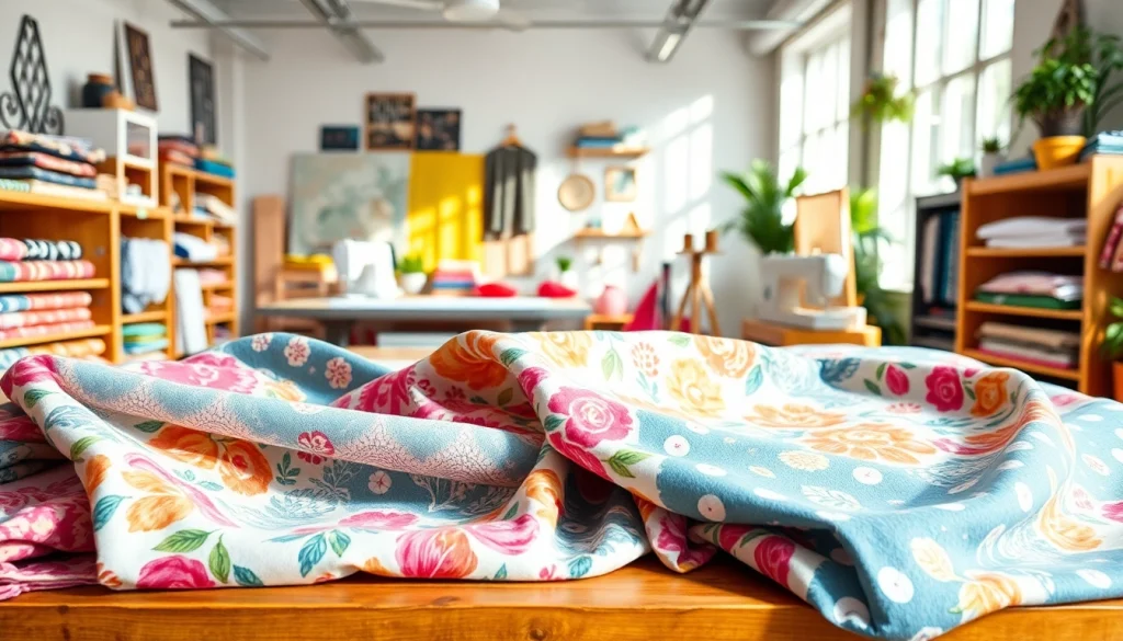Bekijk bedrukte katoenen stoffen in diverse ontwerpen op een houten tafel in een kleurrijke studio.