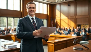 Eminent domain lawyer confidently presenting in a courtroom, showcasing authority and professionalism.