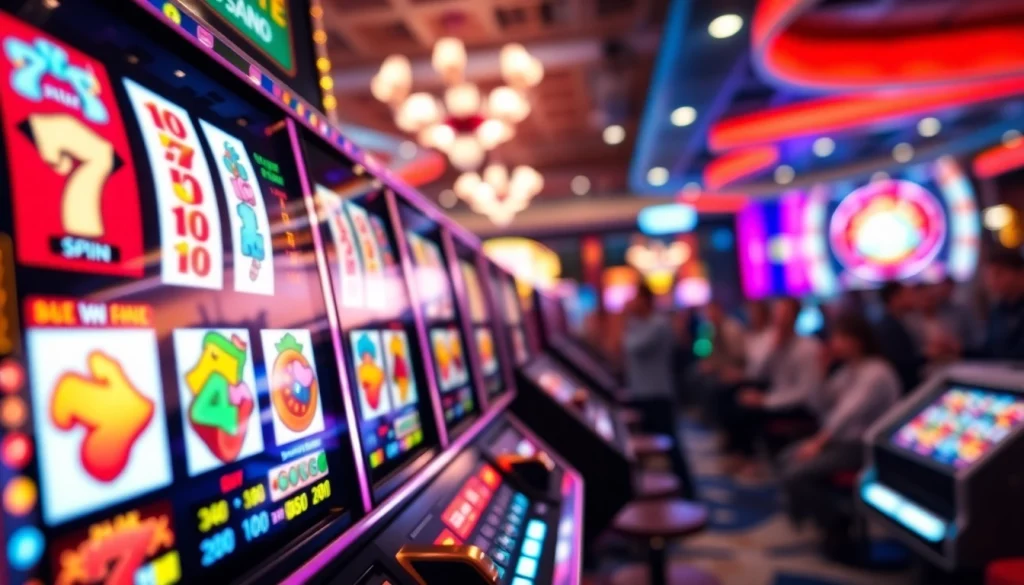 Menang besar di slot depo 1k penuh warna, mesin slot aktif dan suasana kasino yang meriah.