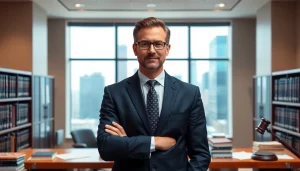 Confident eminent domain lawyer in a modern office, showcasing legal expertise and professionalism.