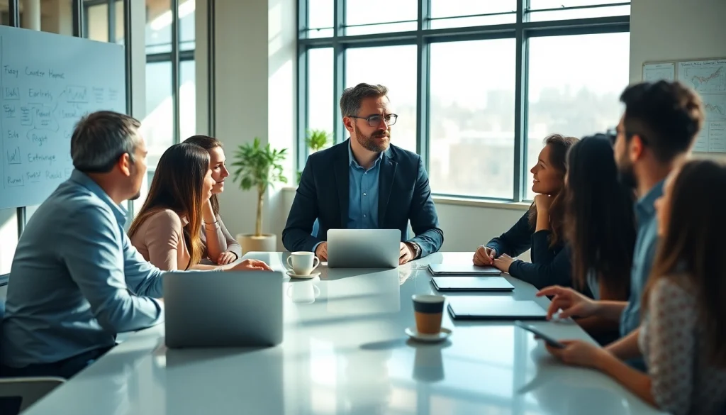 Showcasing founder leadership insights through a dynamic team discussion in a modern office.