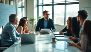 Showcasing founder leadership insights through a dynamic team discussion in a modern office.