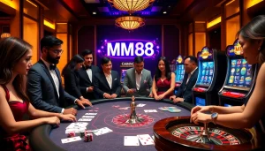Engaging players at an MM88 casino table with vibrant poker chips and a roulette wheel.