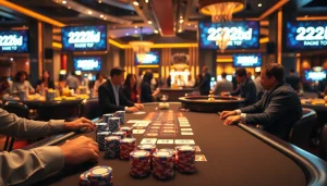 Gambling enthusiasts enjoy a thrilling 222bd casino experience with poker tables and roulette wheels.