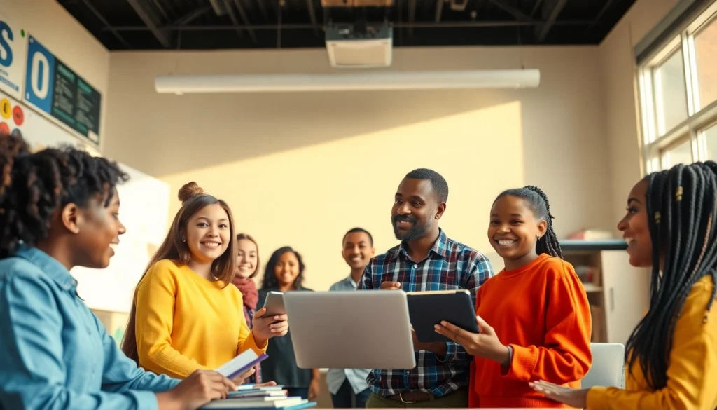 Dynamic education scene with diverse students and a teacher in a modern classroom promoting innovative learning.