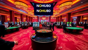 Engaged players enjoying gaming action at NOHU90 casino with vibrant slot machines and a roulette table.