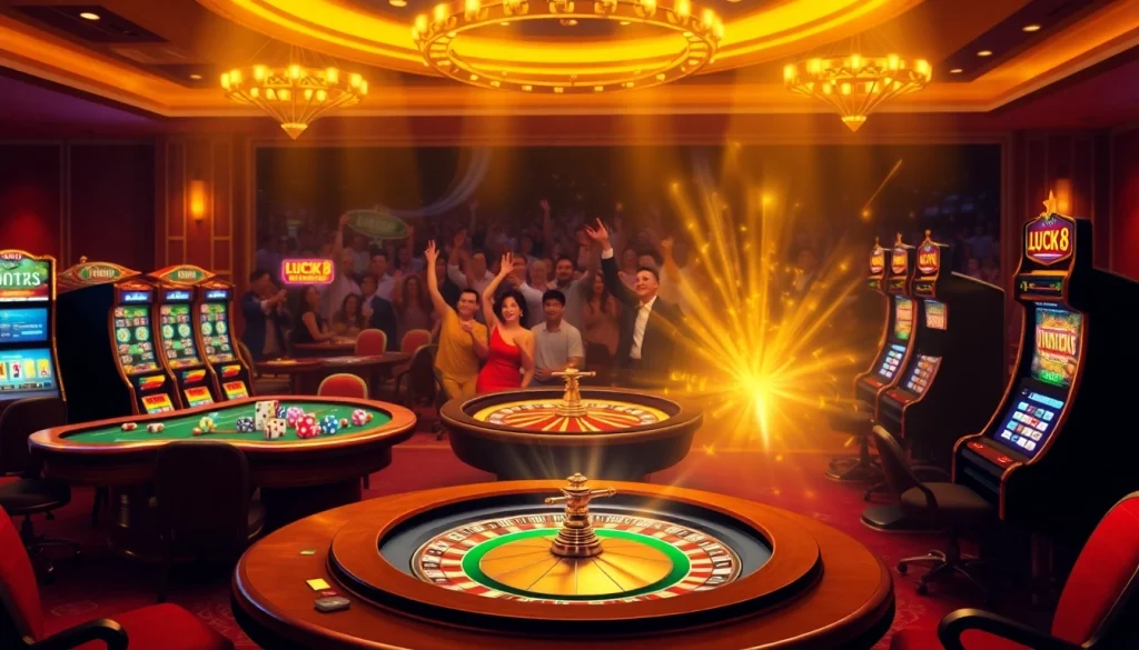 LUCK8 casino experience with vibrant tables and dynamic slot machines illuminated in excitement.