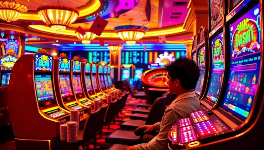 Player enjoys an exciting game at a jamuslot machine in a luxurious casino.