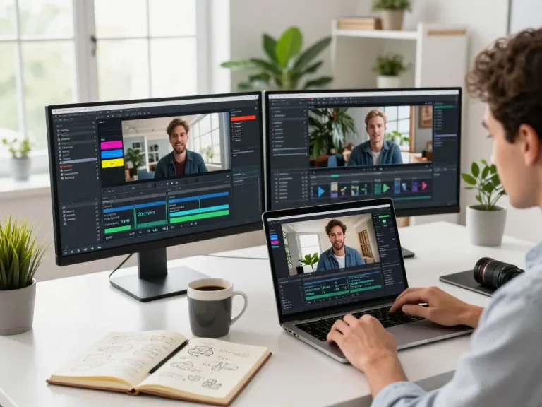 Video to prompt ai tool in modern workspace with user processing video for detailed prompts