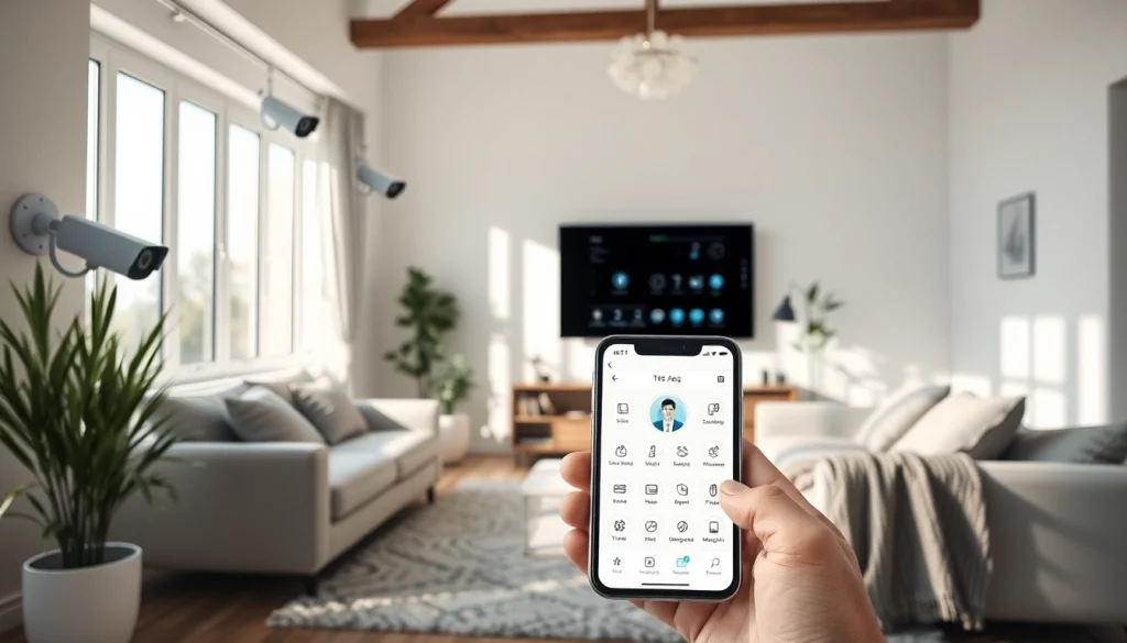 Alarmas de seguridad avanzadas que mejoran la seguridad del hogar con tecnología inteligente en una sala de estar moderna.