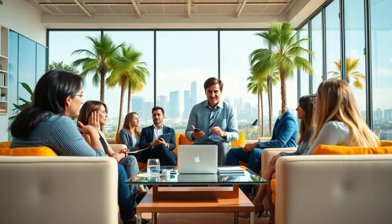 Business coach los angeles leading a team meeting in a vibrant office setting.