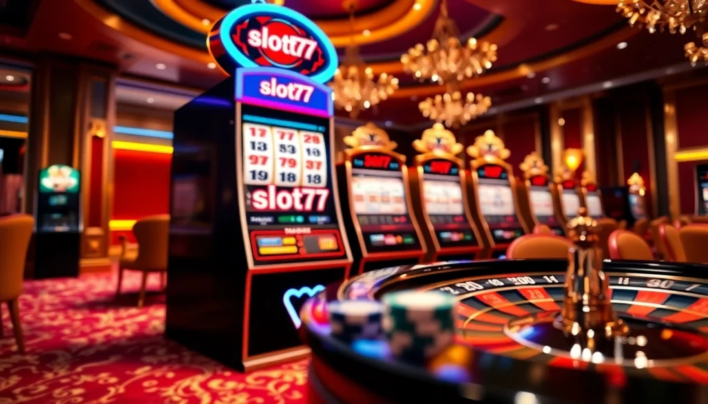 Experience a thrilling game of slot777 on a luxurious casino slot machine with vibrant decor.