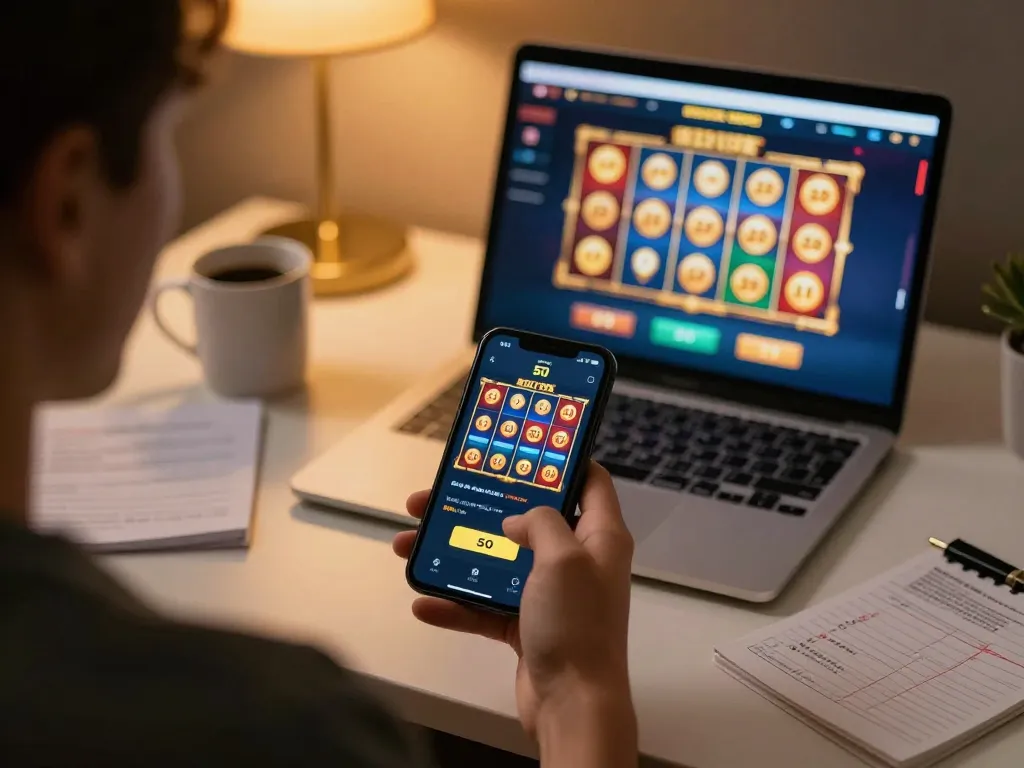 Engaging mobile gaming scene featuring slot bet 50 interface on a smartphone, emphasizing online gambling strategy.