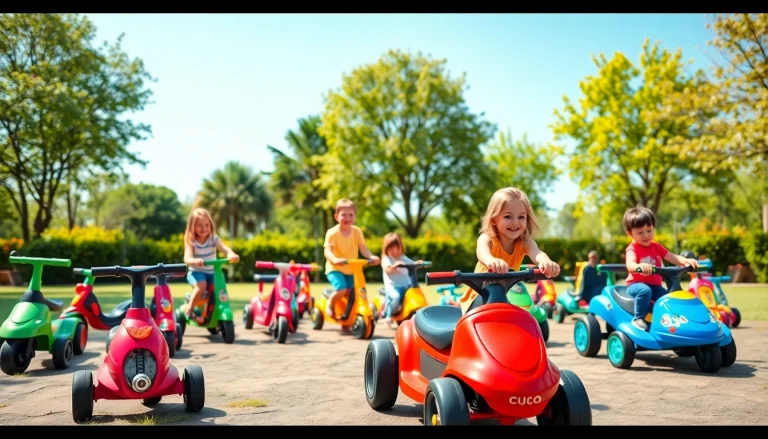 Children playing with ride on toys in a sunny park, emphasizing joy and adventure.