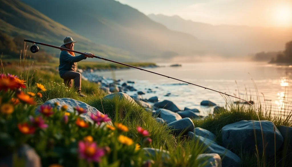 Fly fishing for beginners casting on a tranquil riverbank at sunrise surrounded by nature.