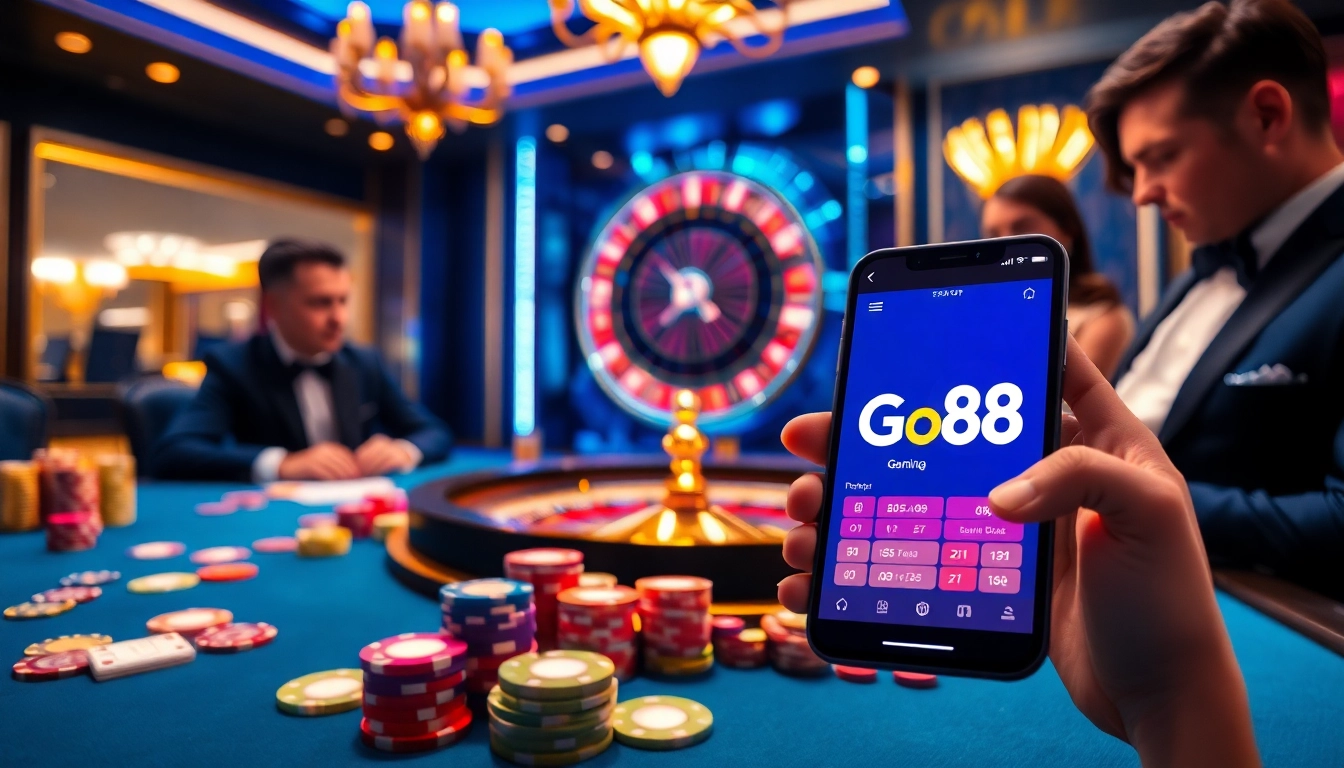 Engaged players at a Go88 gambling table, showcasing excitement in a luxurious casino setting.