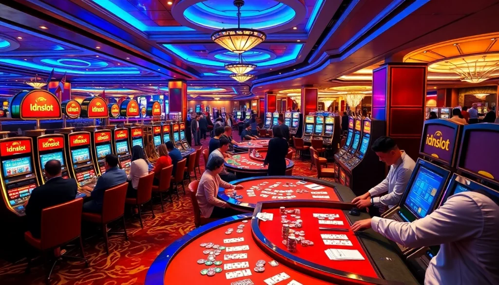 Players enjoy the exciting idnslot gaming experience at a vibrant casino.