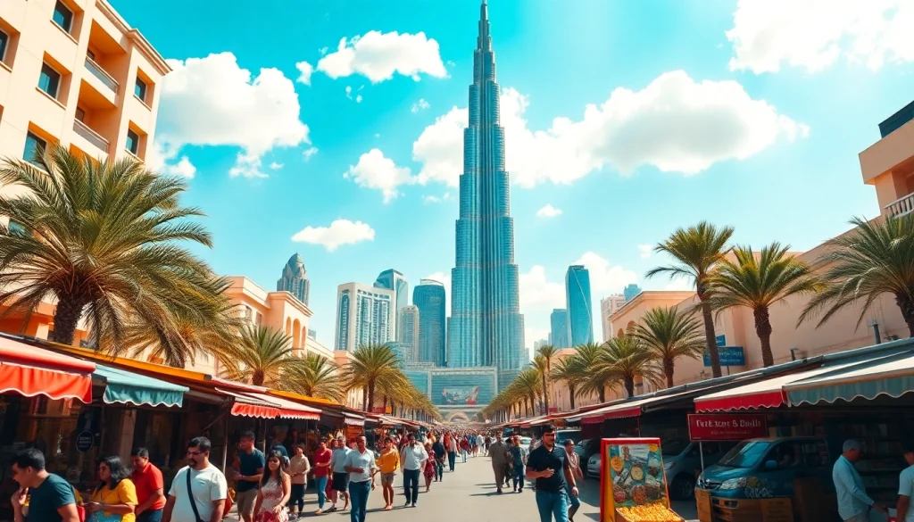 Experience the vibrant City Life Dubai with bustling streets and iconic skyline featuring Burj Khalifa.
