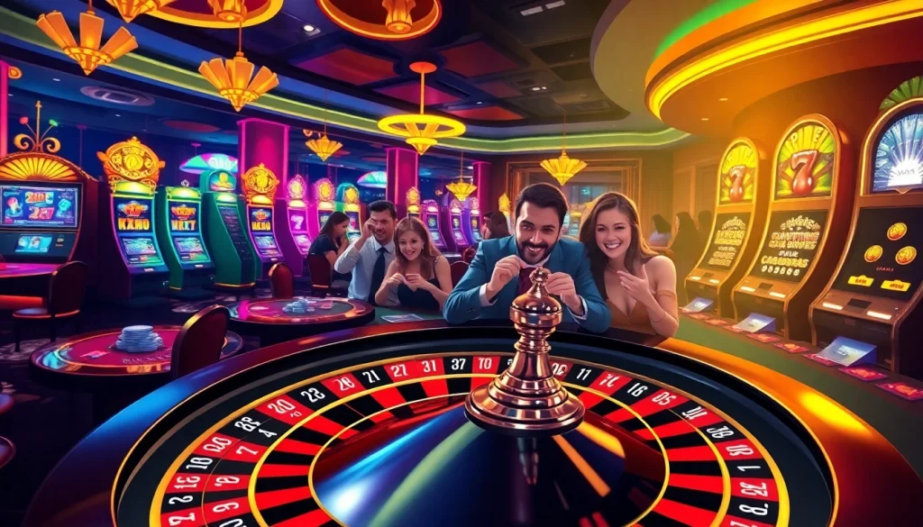 Hoki77 players enjoying a thrilling casino experience with vibrant slot machines and exciting games.