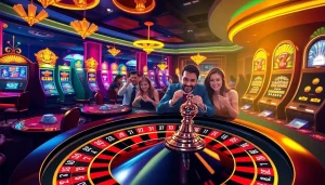 Hoki77 players enjoying a thrilling casino experience with vibrant slot machines and exciting games.