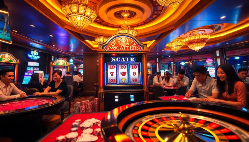 Experience thrilling gameplay on the slot scatter hitam machine surrounded by eager gamblers and vibrant casino elements.