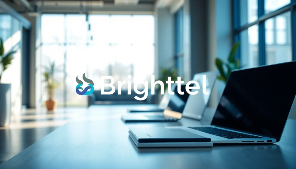 Brightet logo in a vibrant office setting highlighting innovation and collaboration.