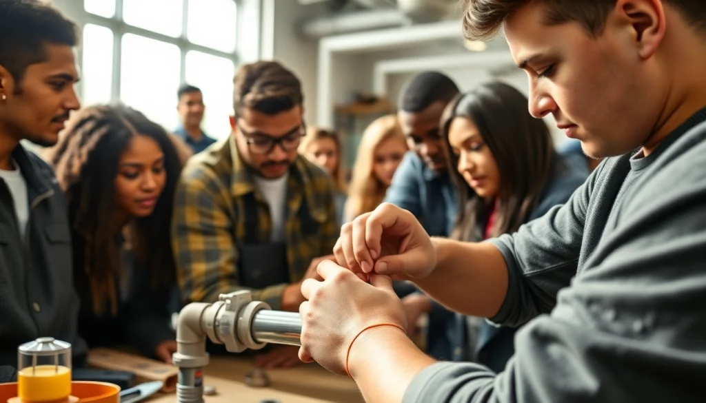 Students in a plumbing apprenticeship actively practicing pipe installation at a modern workshop.