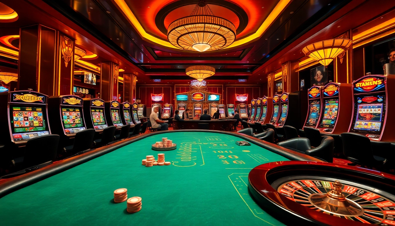MM88 players engage in thrilling poker games, surrounded by vibrant slot machines in a luxury casino setting.