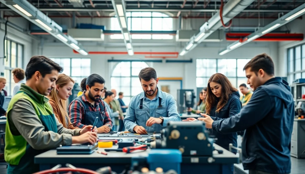 Students engaged in skilled trades training, showcasing teamwork and hands-on learning experiences.