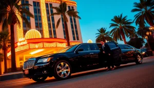 Luxurious Los Angeles Limo parked in front of a Hollywood hotel, showcasing premium chauffeur service.