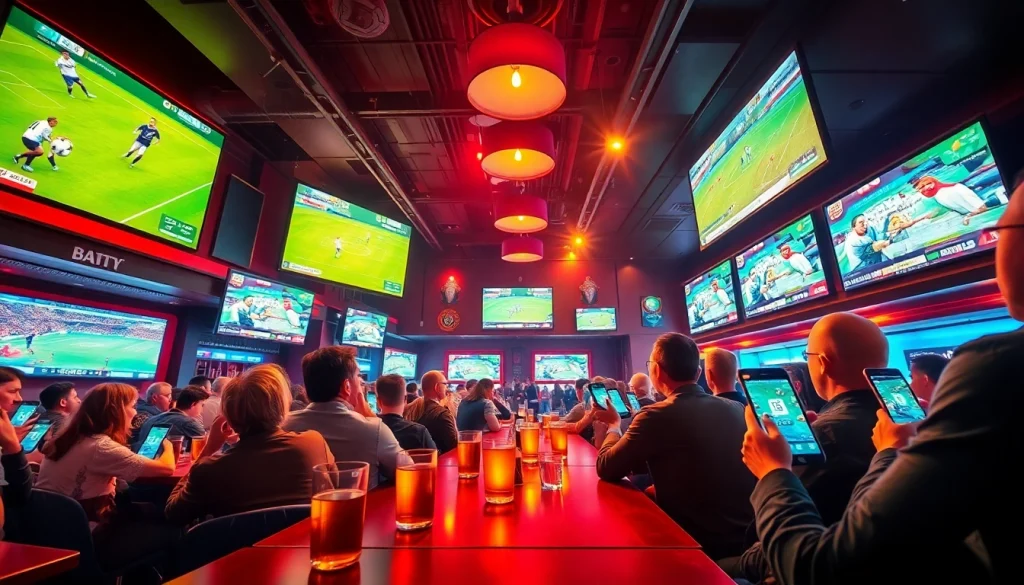 Exciting scene of 토토스토리 with sports fans enjoying live betting at a vibrant bar.