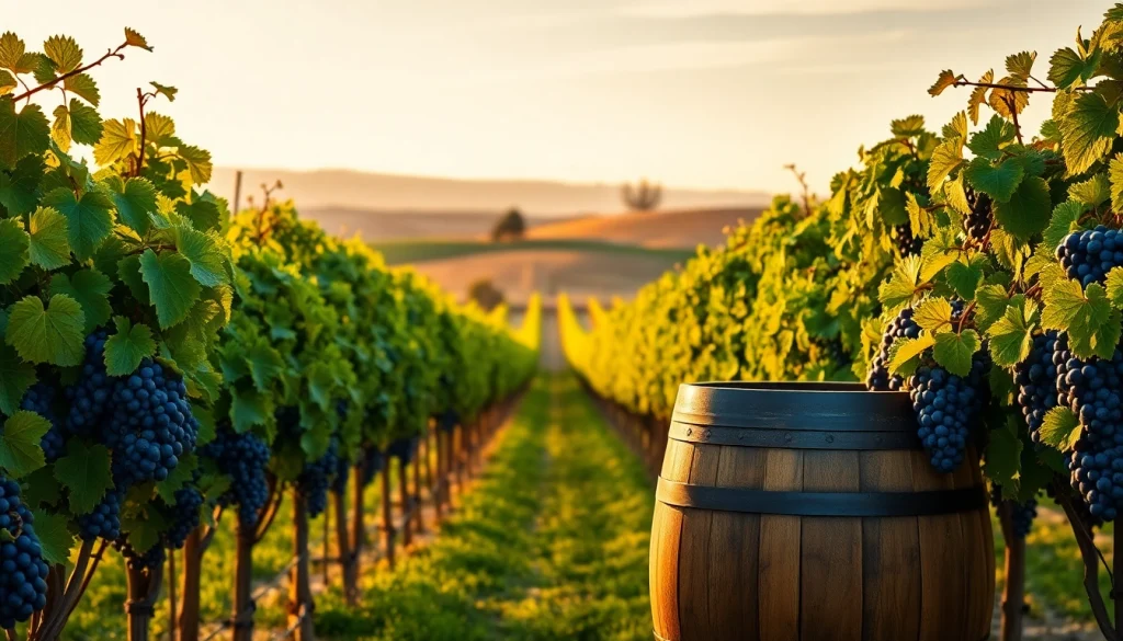Experience Clarksburg wines in a beautiful vineyard at sunset with ripe grapes and a rustic barrel.