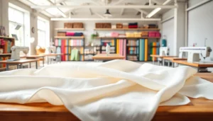 Dunne katoen stof rustig gepresenteerd in een naaiatelier met kleurrijke stoffen.