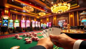 Judi di meja kasino mewah yang menampilkan Kit4D, mesin slot berwarna-warni, dan chip poker untuk pengalaman yang mendebarkan.