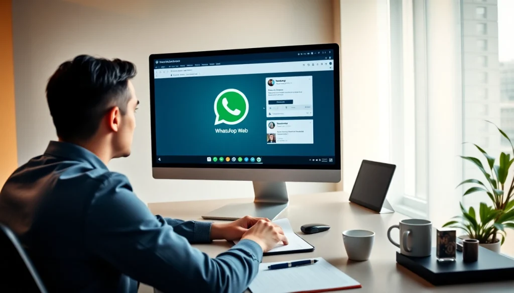 Professional user engaging with WhatsApp Web on a desktop, highlighting seamless communication.