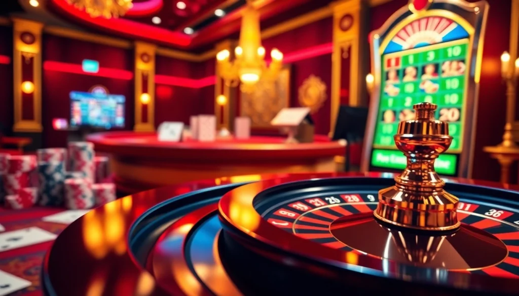 Ressentez l'excitation du meilleur casino en ligne avec une scène de jeu virtuelle vibrante mettant en avant la roulette, des jetons de poker et des machines à sous.
