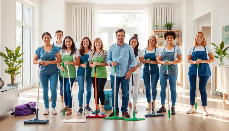 Cleaning services near me showcased by a professional team cleaning a bright, modern home.