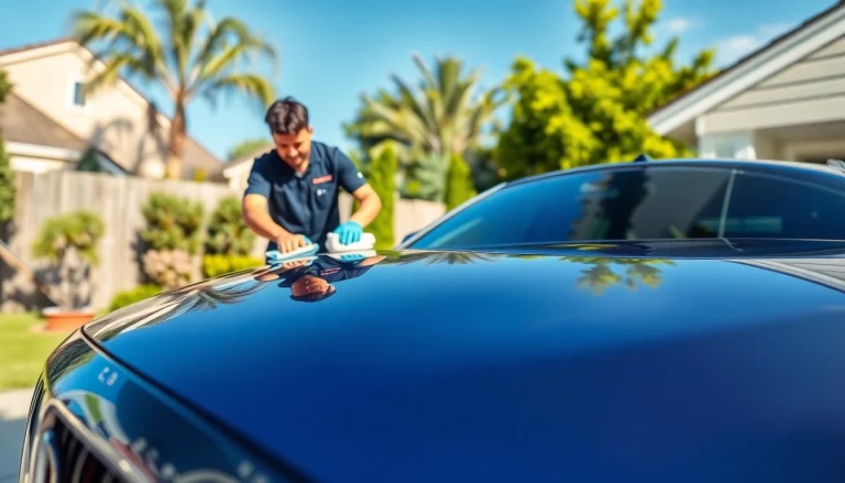Mobile car wash and detail mobile service highlighting a detailer polishing a shiny vehicle.