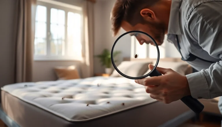 Expert conducting bed bug control inspection in a clean, organized bedroom environment.