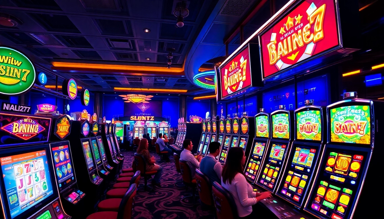 Permainan slot777 yang penuh warna dengan pemain menikmati pengalaman di kasino.