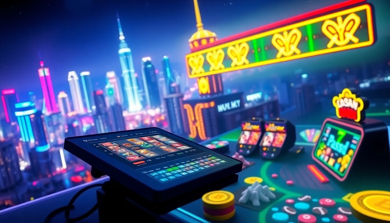 Experience thrilling games on a vibrant crypto casino site with digital elements and neon city skyline.