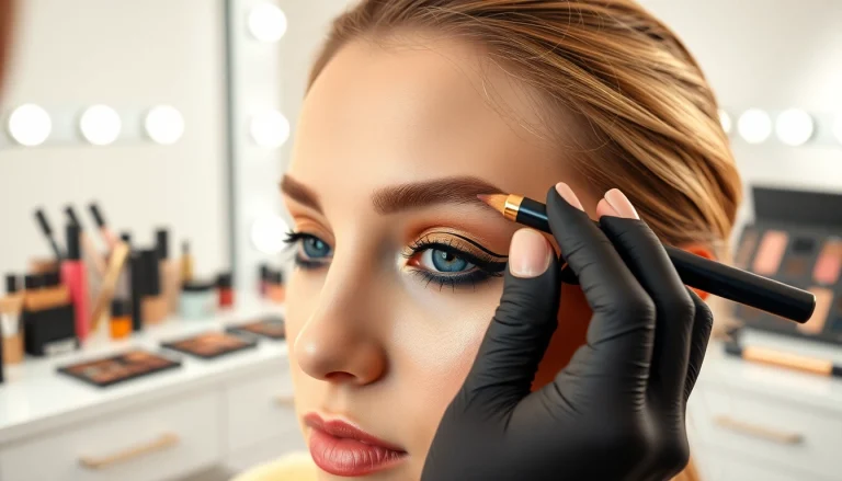 Applying a tattoo eyeliner pen for precise makeup looks on model's eyes