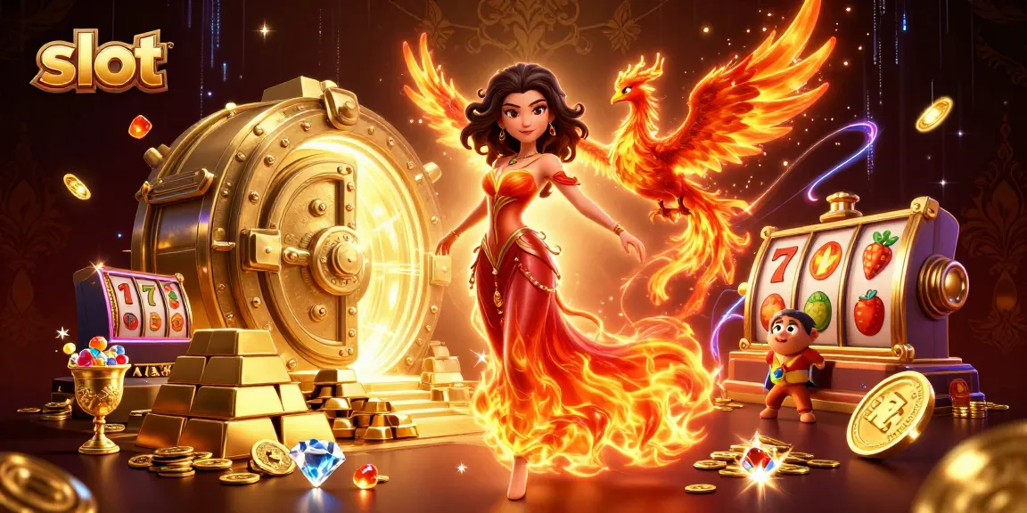 Spin in vibrant slot games featuring fiery elements and treasure scattered throughout.
